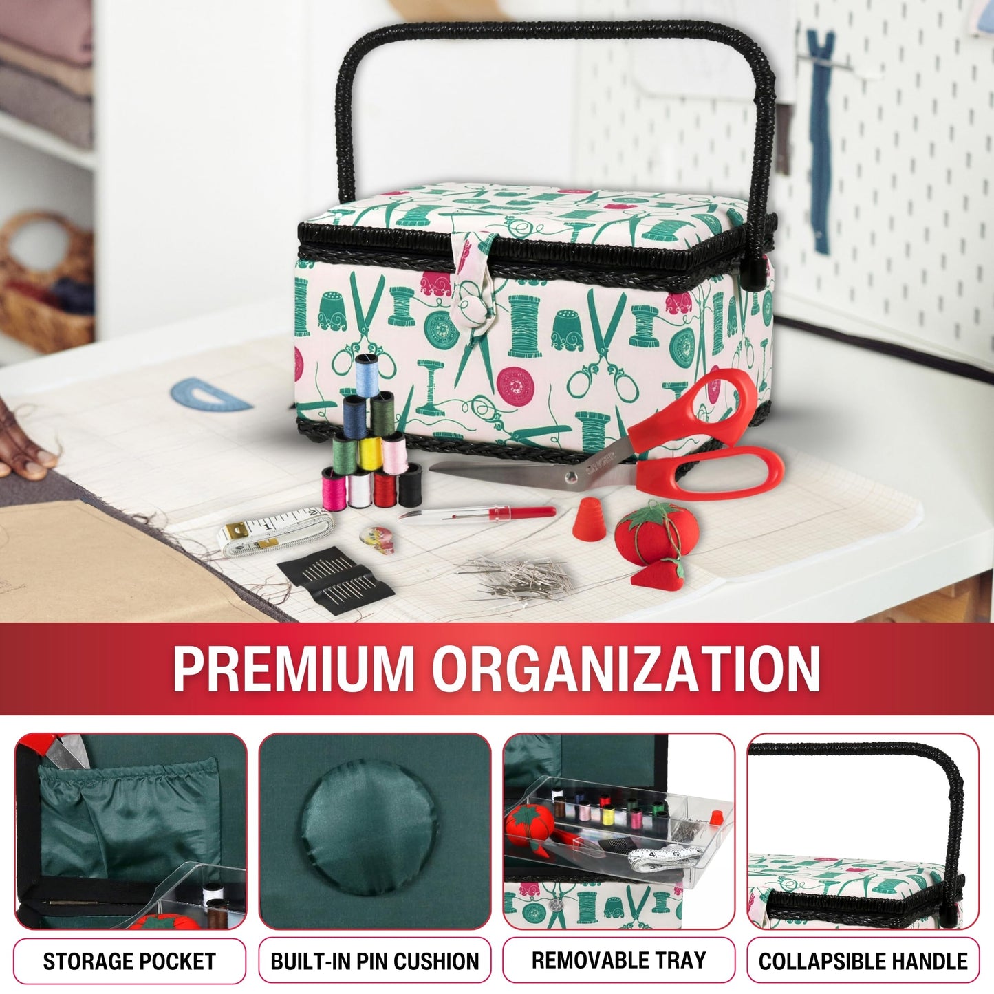 07271 Basket with Sewing Notions Kit & Removable Tray-Vintage Spools, Tan