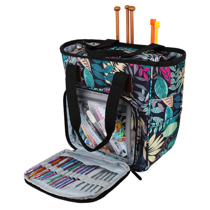 Crochet & Knitting Tote, Traveling Craft Tote Organizer for Hooks, Needles, Skein, Diamond Painting, Supplies (Forest Green)