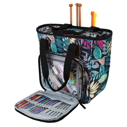 Crochet & Knitting Tote, Traveling Craft Tote Organizer for Hooks, Needles, Skein, Diamond Painting, Supplies (Forest Green)