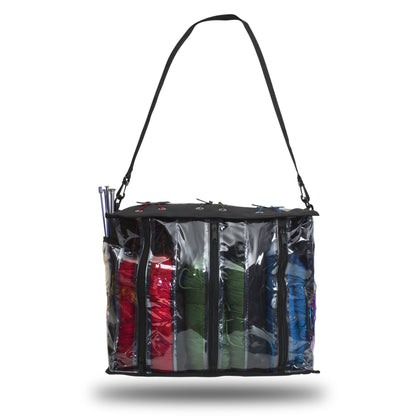 Knitting Organizer By Besti: Portable Knitting Yarn Storage Bag With Multiple Pockets, Individual Compartments, Carrying Shoulder Strap - Clear Plastic Tote Bag For Needles, Crochets & Threads (Black)