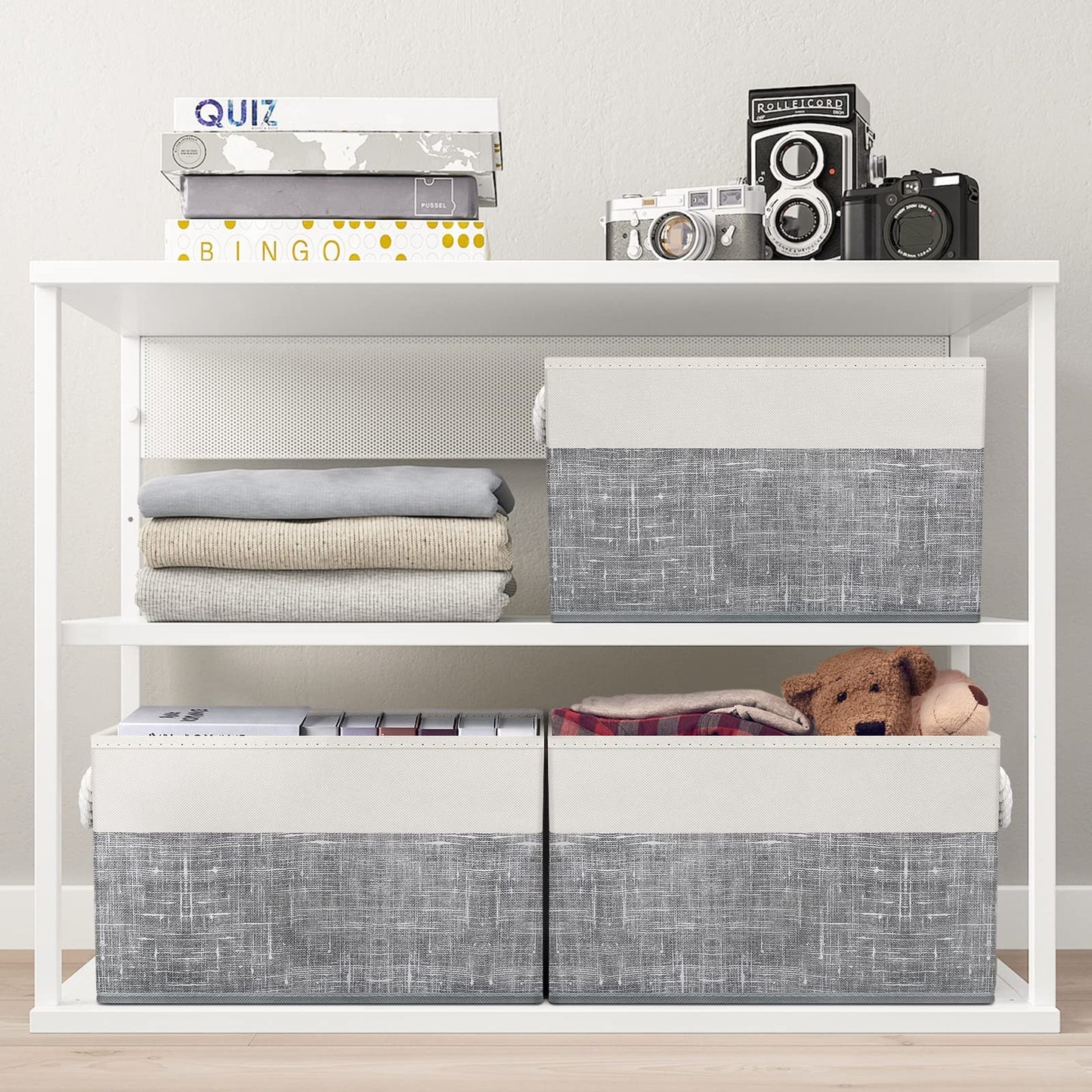 Storage Bins [3-Pack], Foldable Storage Baskets for Organizing Toys, Books, Shelves, Closet, Large Storage Box with Rope Handles, Sturdy Organizer Bins, White & Grey