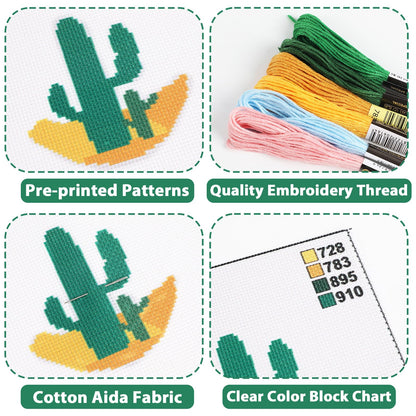 6PCS Cross Stitch Kits for Beginners DIY Embroidery Kit for Kids Adults Boho Cross Stitch Kits Christmas Birthday Gift Abstract Landscape Needlepoint Patterns with 2 Embroidery Hoops Craft Supplies