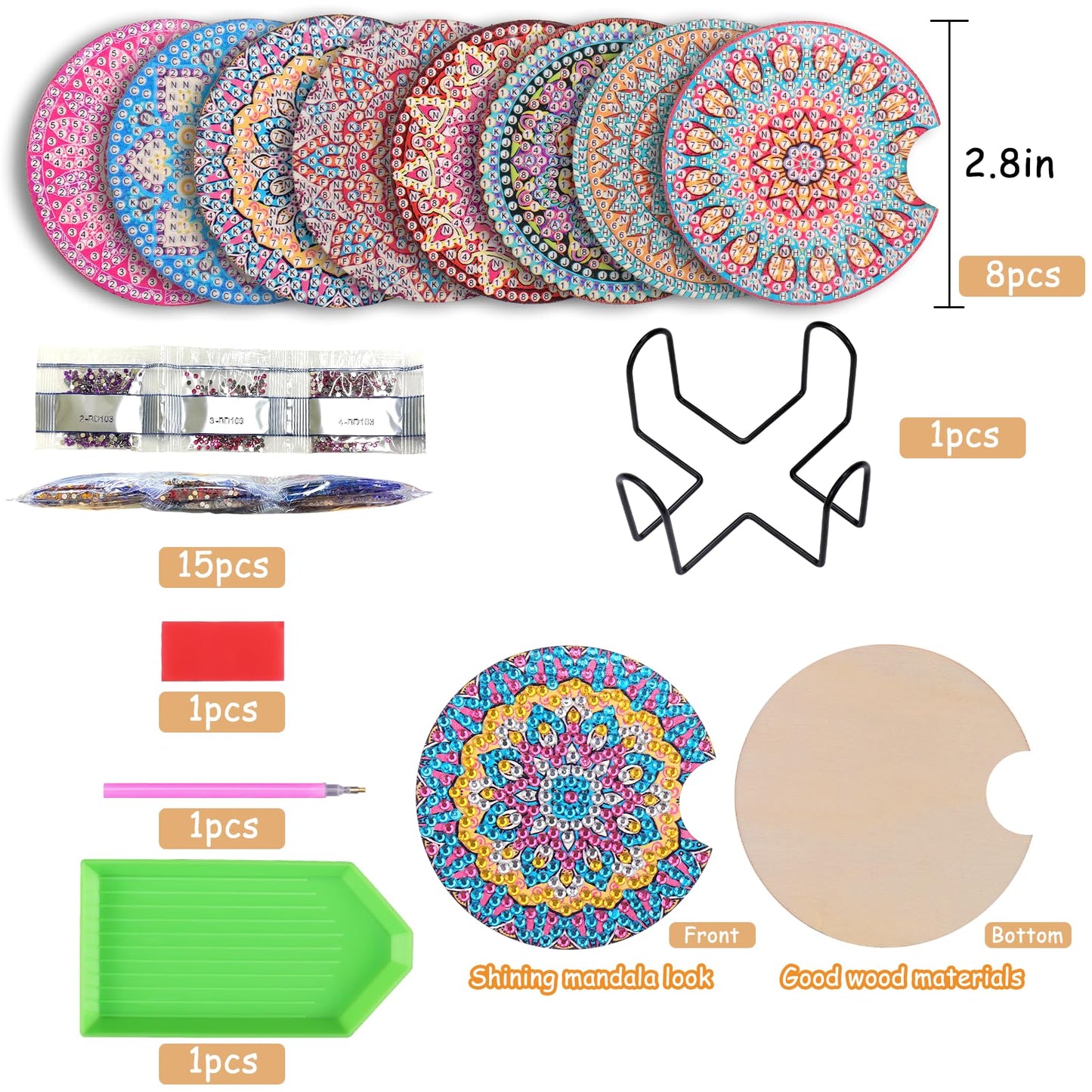 8 Pcs Diamond Art for Car Coasters, 2.8 Inches Diamond DIY Coasters, Mandala Crafts for Adults