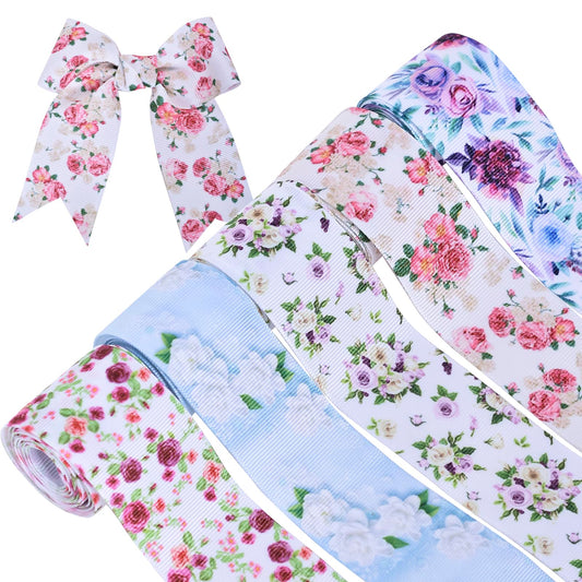 Grosgrain Ribbon, 5 Rolls Flower Pattern Ribbon Spring Summer Fabric Decorative Craft Ribbon Roll for Gift Wrapping Decor Hair Bow Sewing Wreath Crafts (Mixed Color, 1-1/2Inch X 10Yards)