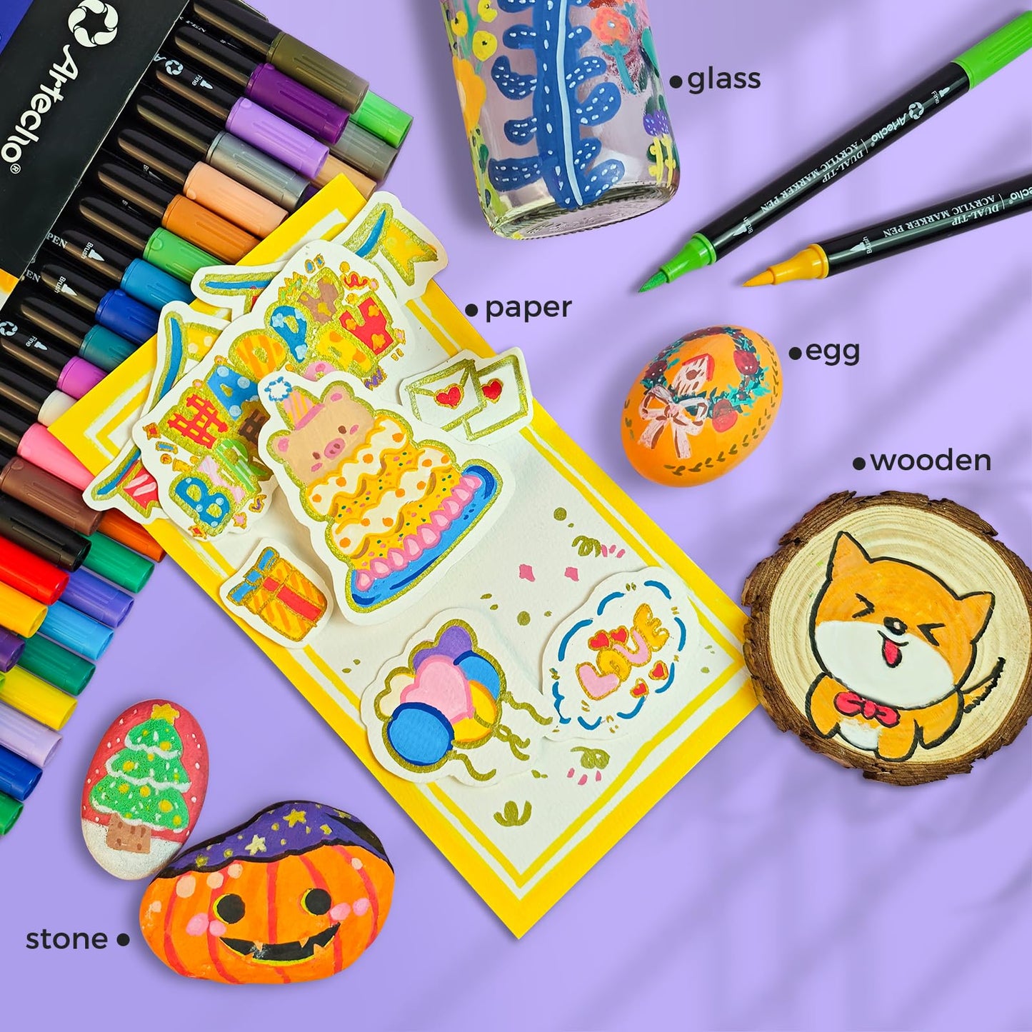 Acrylic Paint Markers 48 Colors, Acrylic Paint Pens with Brush Tip and Fine Tip for Stone, Rock Painting, Paper, Pumpkin, Wood, Egg, Canvas, Ceramic, Fabric, leather, Glass, DIY Crafts