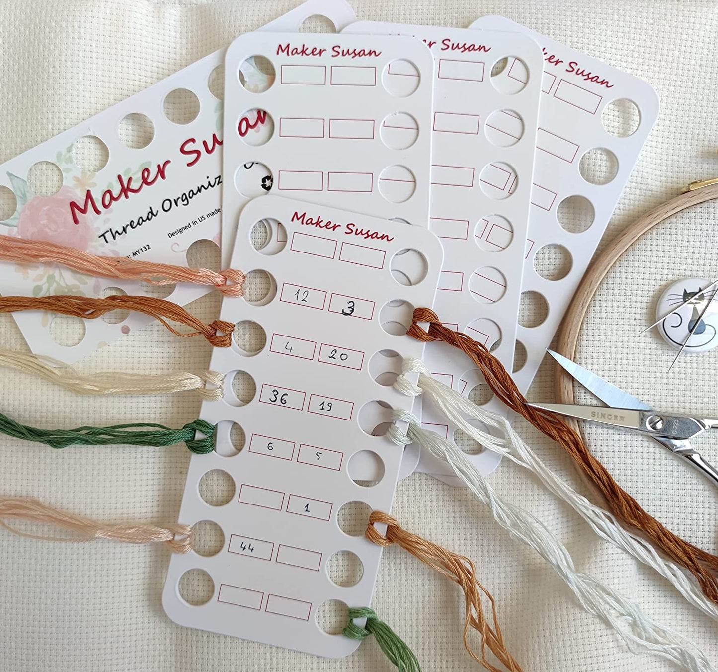 Gold Embroidery Hand Needles (1-3-5-7-8-9 Bundle Pack), Large Eye Sharp End Embroidery and Cross Stitch Needles with Maker Susan Thread Organizer Card (Total 8 Needles, 1 Organizer Card)