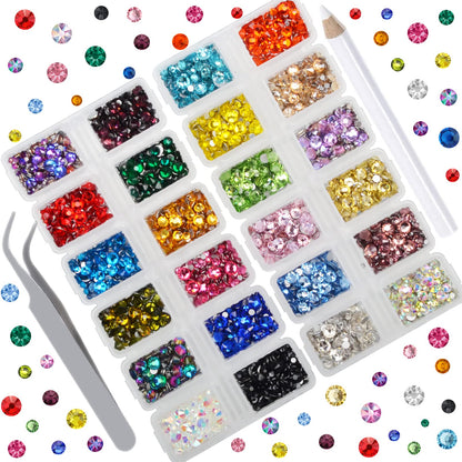 Beads 7000 Pieces Rhinestones 5 Sizes Round Crystal Glass Flat Back Rhinestones with 1Tweezers and 1Picking Pen for Nail Art Crafts Clothes Bags DIY (24 Colors Mixed 5 Sizes)