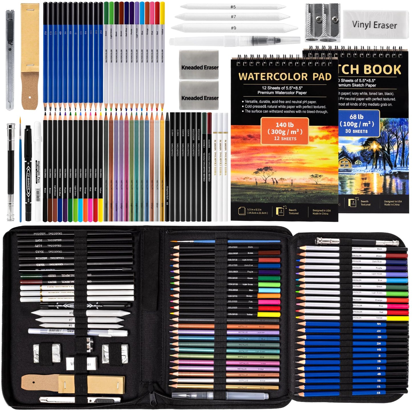 Art Supplies Drawing Pencils Set - 76 Pack Pro Sketching Kit with Sketchbook & Watercolor Pad, Includes Graphite, Charcoal, Watercolor & Metallic Pencils for Kids, Teens, Adults