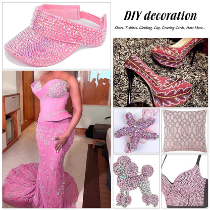 6796PCS Pink Hotfix Rhinestones Crystal Stones Glass for Fabric Clothes Shirts Sparkly Flat Back Round with Tweezers and Picking Pen (SS6~SS30 Set)