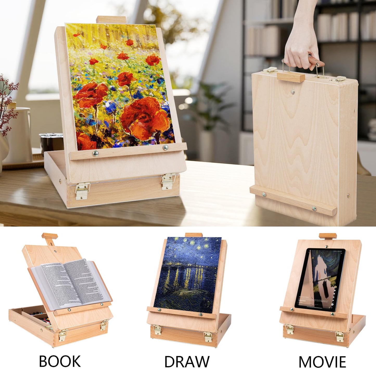 Tabletop Beechwood Art Easel for Painting Canvases Table Easel Stand for Painters Painting by Numbers, Students Beginners Artist Adults