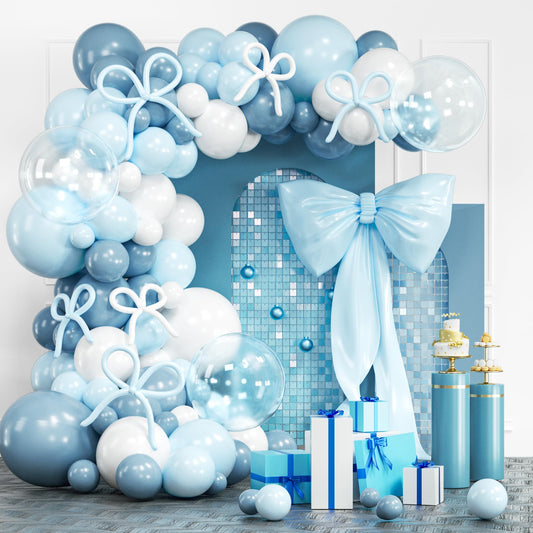 Dusty Blue Bow Balloon Arch Kit, 119Pcs 18/10/5 Inch Light Blue Clear White Balloons Garland Arch Kit for Boys Birthday, Baby Shower, Gender Reveal, Wedding Decoration