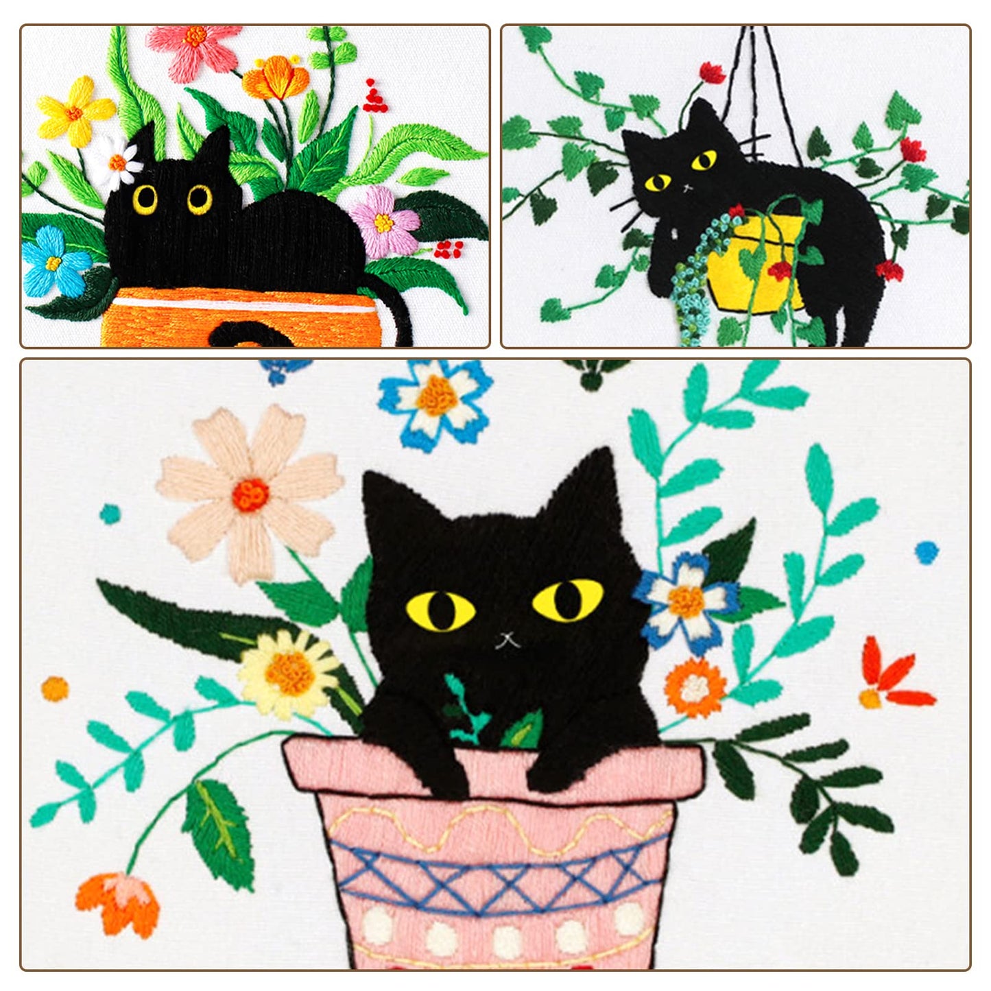 3 Sets Cute Cat Embroidery Kit for Adults Beginners, Stamped Cross Stitch Starter Kits Include Needlepoint Cloth Hoops Needles Threads and Instruction