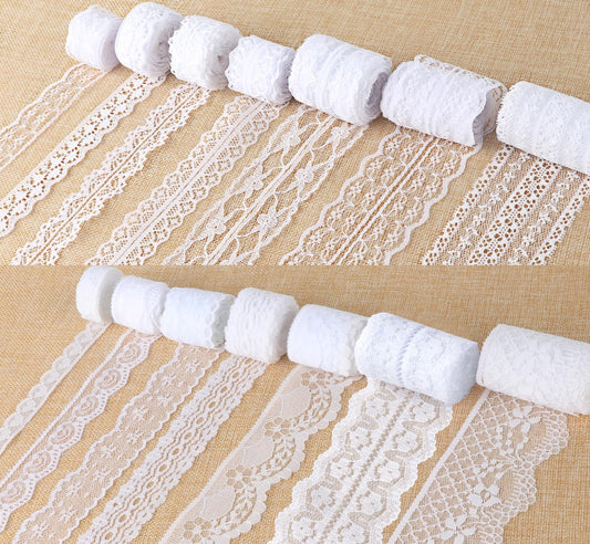 46 Yards White Lace Ribbon 14 Rolls Vintage Lace Trims 0.6 to 2.1 inch Ribbon Laces with Assorted Pattern for Sewing, Crafts, Wedding Decor, Flower Ribbons, 3.28 Yards Each