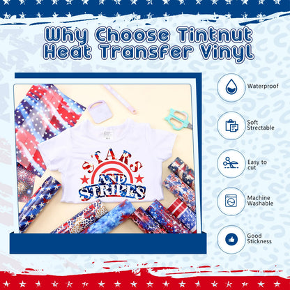 4th of July American Flag - 10pcs 12x10in US Flag Patterned Patriotic HTV Iron On Vinyl Compatible with Cricut/Cameo