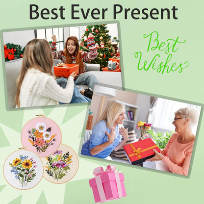 3 Sets Embroidery Kit for Beginners Cross Stitch Kits Needlepoint Kits Crafts for Adults with 3 Embroidery Hoops Easy-to-Follow Operating Instructions,Needle Point Kits with Flowers Patterns