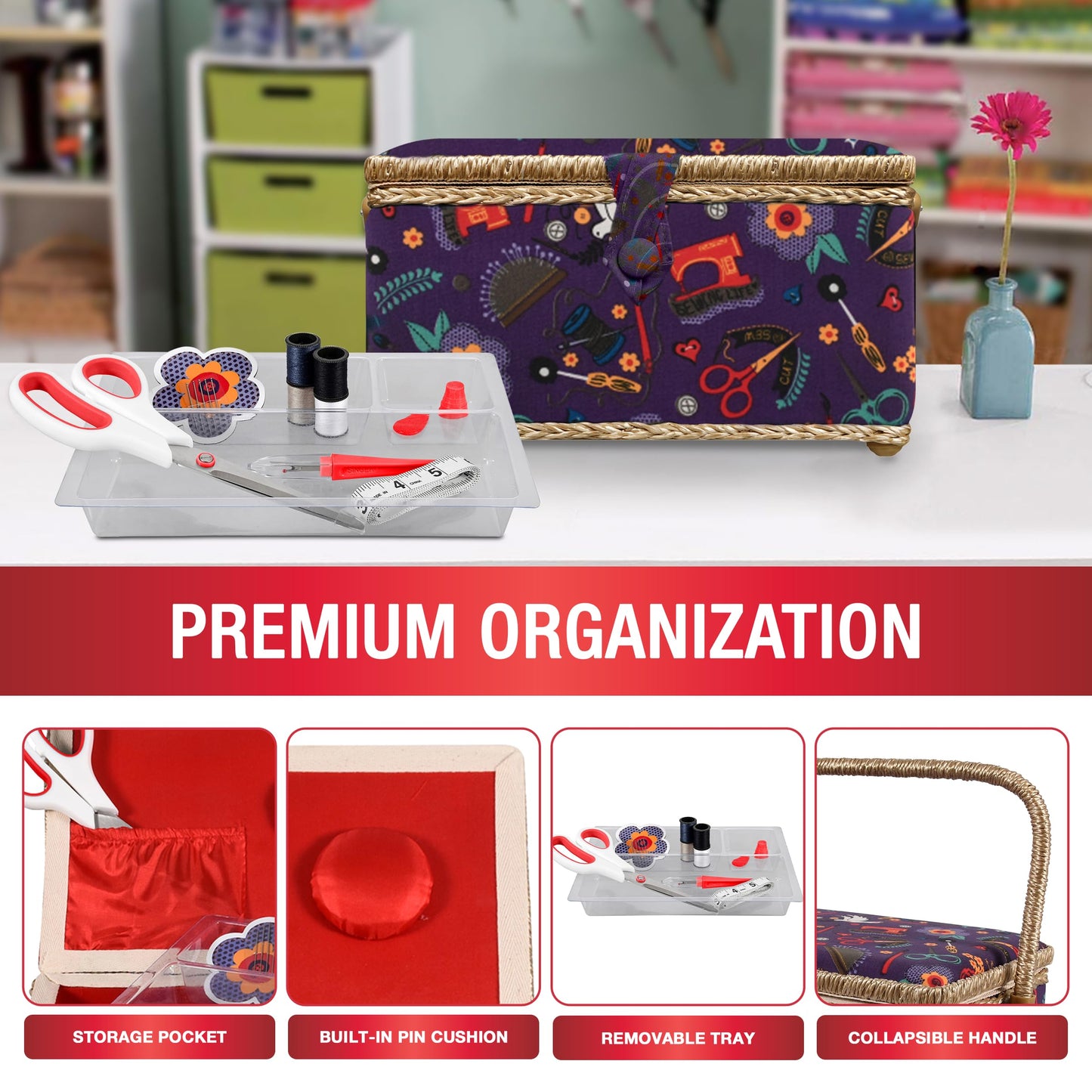 Sewing Basket with Sewing Kit, Needles, Thread, Scissors, and Notions- Purple