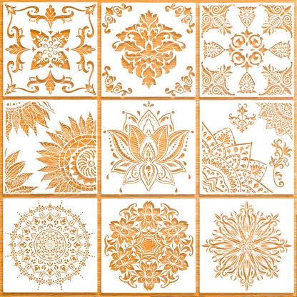 9 Pack (12x12 Inch) Large Reusable Stencil Mandala Stencil Laser Cut Painting Template for Floor Wall Tile Fabric Furniture Stencils Painting