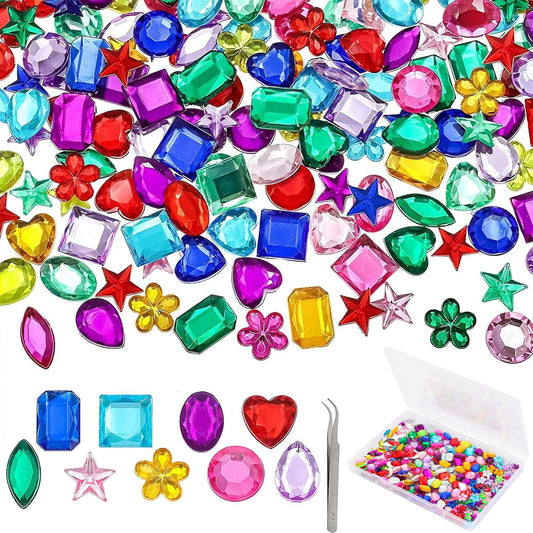360pcs Flatback Rhinestones for Crafting, Gems Jewels for Crafts & Arts, Acrylic Gemstones for Halloween Party Decorations with Tweezers and Storage Box (10-15mm, 9 Shapes)