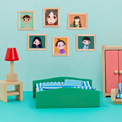 6Pcs 1/12 Wood Dollhouse Furniture Unfinished Mini Photo Frame Artificial Miniature Scene Model DIY Wall Art Painting Toys for Nursery Room Photo Props