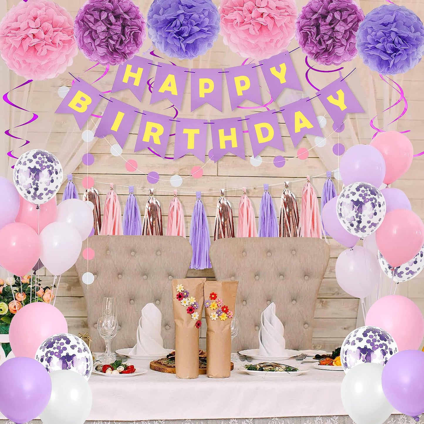 Purple Pink Party Decorations for Women Girls With Happy Birthday Banner, Hanging Swirls, Tissue Paper Pompoms, Circle Dots Garland, Tassel Garland, Purple Balloons
