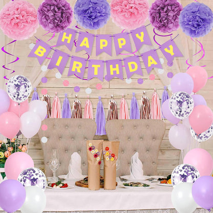 Purple Pink Party Decorations for Women Girls With Happy Birthday Banner, Hanging Swirls, Tissue Paper Pompoms, Circle Dots Garland, Tassel Garland, Purple Balloons