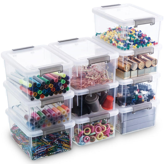 1.3 QT 10 Pack Small Storage Bins Plastic Storage Container Stackable Box with Lids for Organizing, Clear White