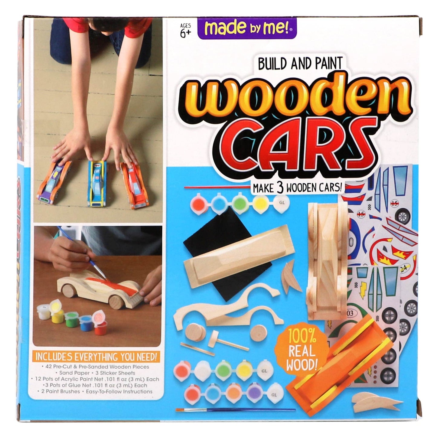 Build & Paint Your Own Wooden Cars by Horizon Group USA, DIY Wood Craft Kit, Easy to Assemble & Paint 3 Race Cars, Multicolored