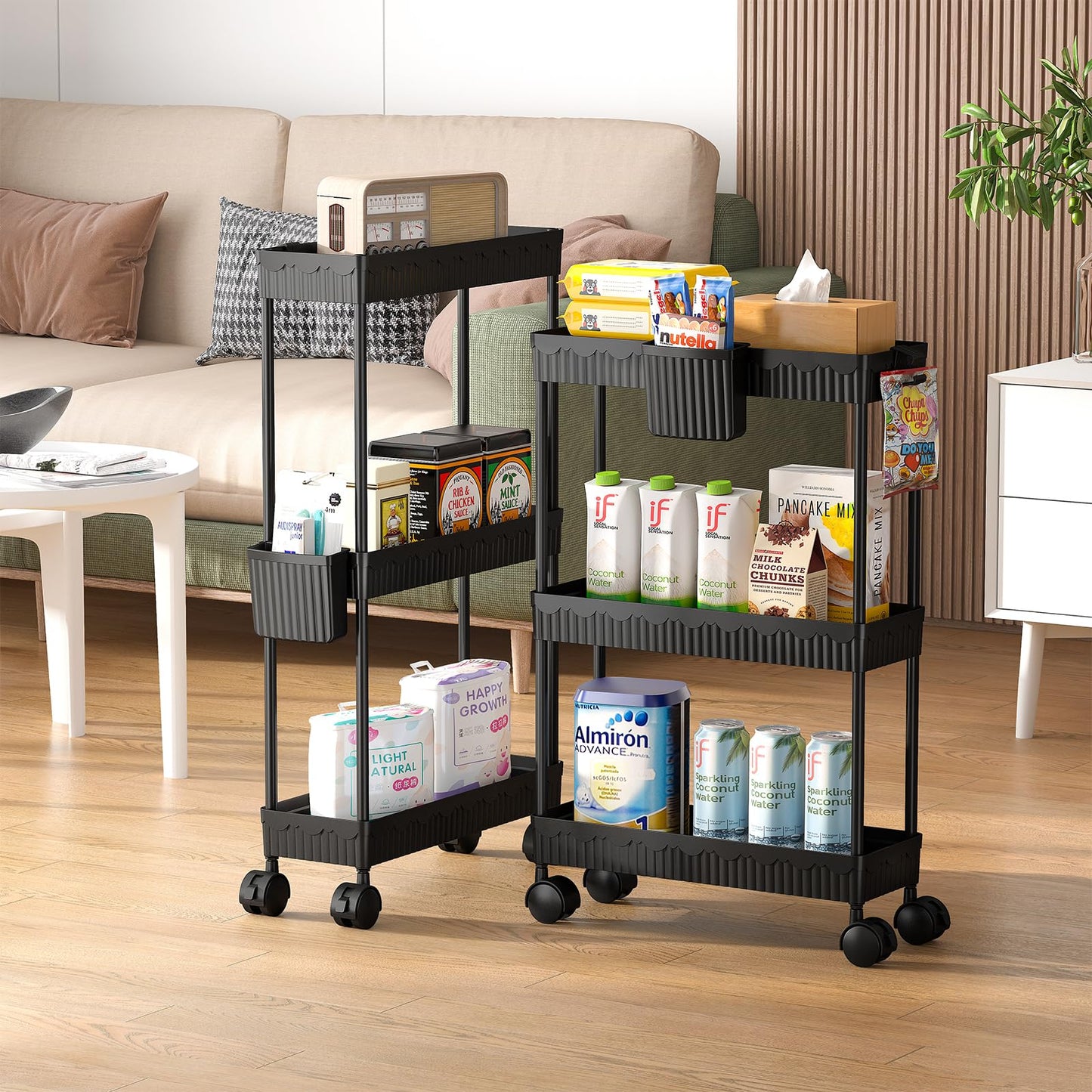 2-Pack Slim Storage Rolling Cart with Wheels, 3 Tier Utility Carts Bathroom Organizers and Storage, for Kitchen Narrow Place, Freely Combined into 3/4/5/6 Tier Shelves (Black, 3 Tier)