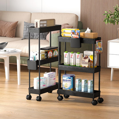 2-Pack Slim Storage Rolling Cart with Wheels, 3 Tier Utility Carts Bathroom Organizers and Storage, for Kitchen Narrow Place, Freely Combined into 3/4/5/6 Tier Shelves (Black, 3 Tier)