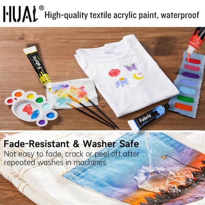 Fabric Paint Set for Clothes with 6 Brushes, 1 Palette, 12 Colors (12ml, 0.4oz) - Permanent Textile Paint Puffy Paint Kit for Shoes, Canvas - Non-Toxic Slick Painting Set for Adults, Beginner & Artists