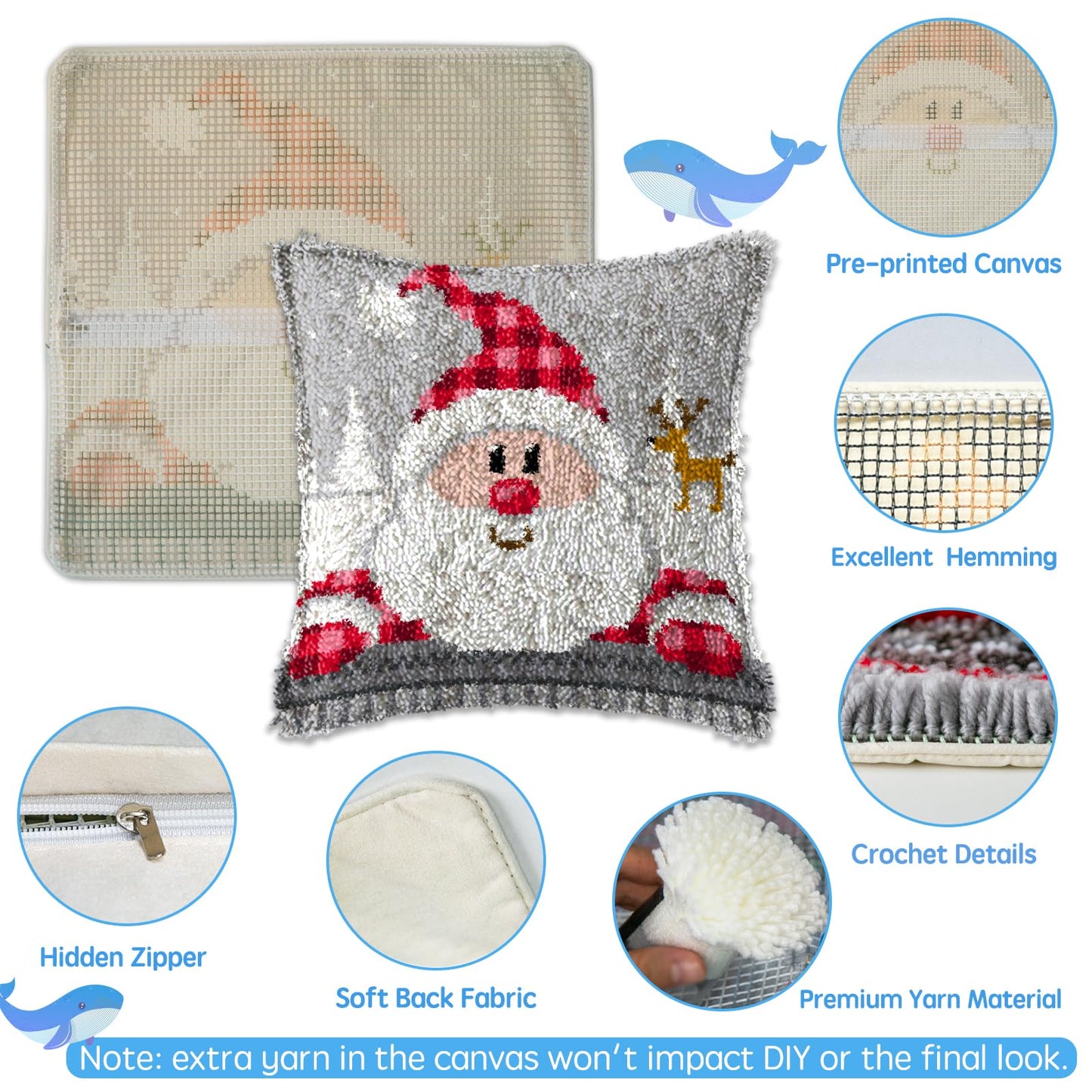 Latch Hook Kit, Christmas Latch Hook Kits for Adults DIY Decorative Pillowcase Embroidery Cross Stitch Arts Craft for Home Sofa Furniture 17X17inch Father Christmas