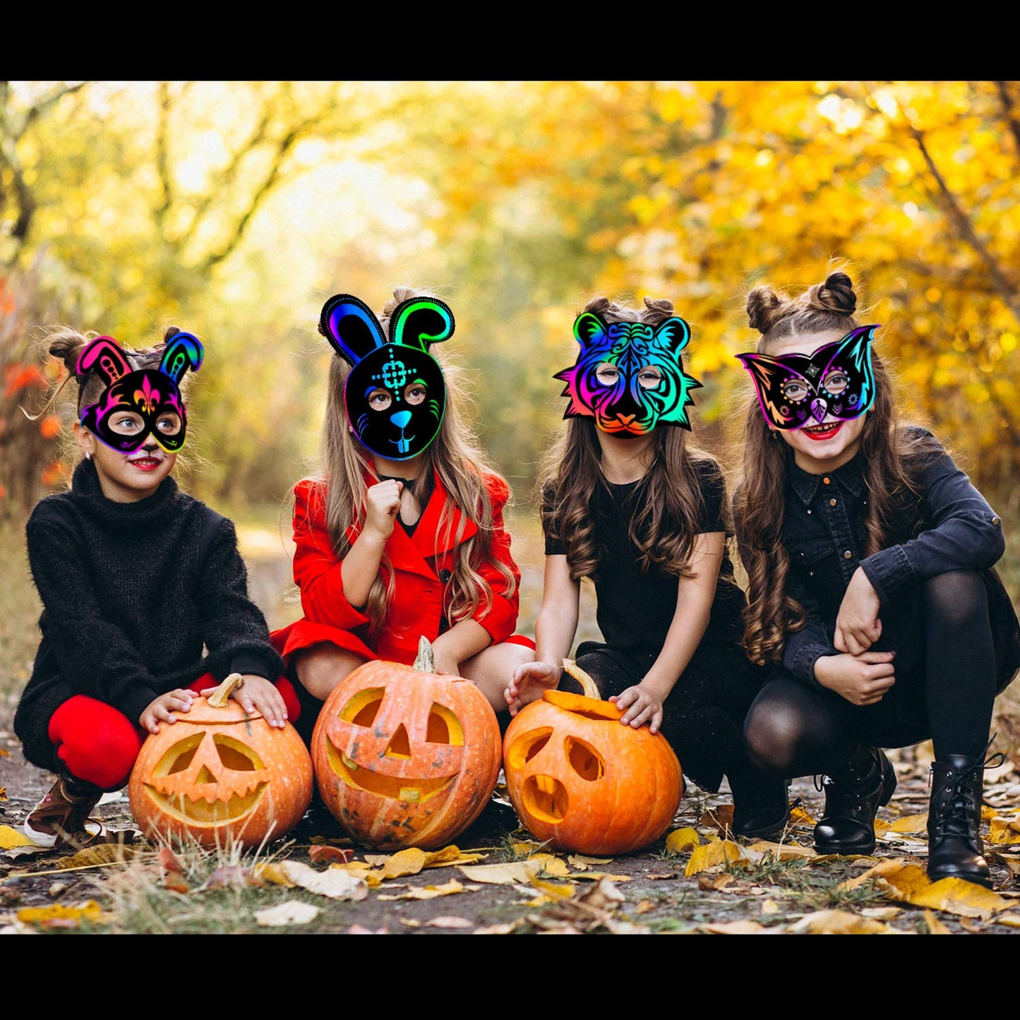 Halloween Mask Craft Kit for Kids, 52 Pcs Kids Magic Scratch Paper Animal Masks, DIY Rainbow Scratch Art Masks for Halloween and Animal Birthday Party