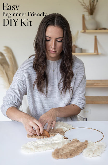 DIY Macrame Kit, Feather Dream Catcher Wall Hanging Kits for Teens & Adult Beginners, Craft Supplies for Boho Art Project-Macrame Cord, Gold Hoop, Accessories & Instructions (Khaki)