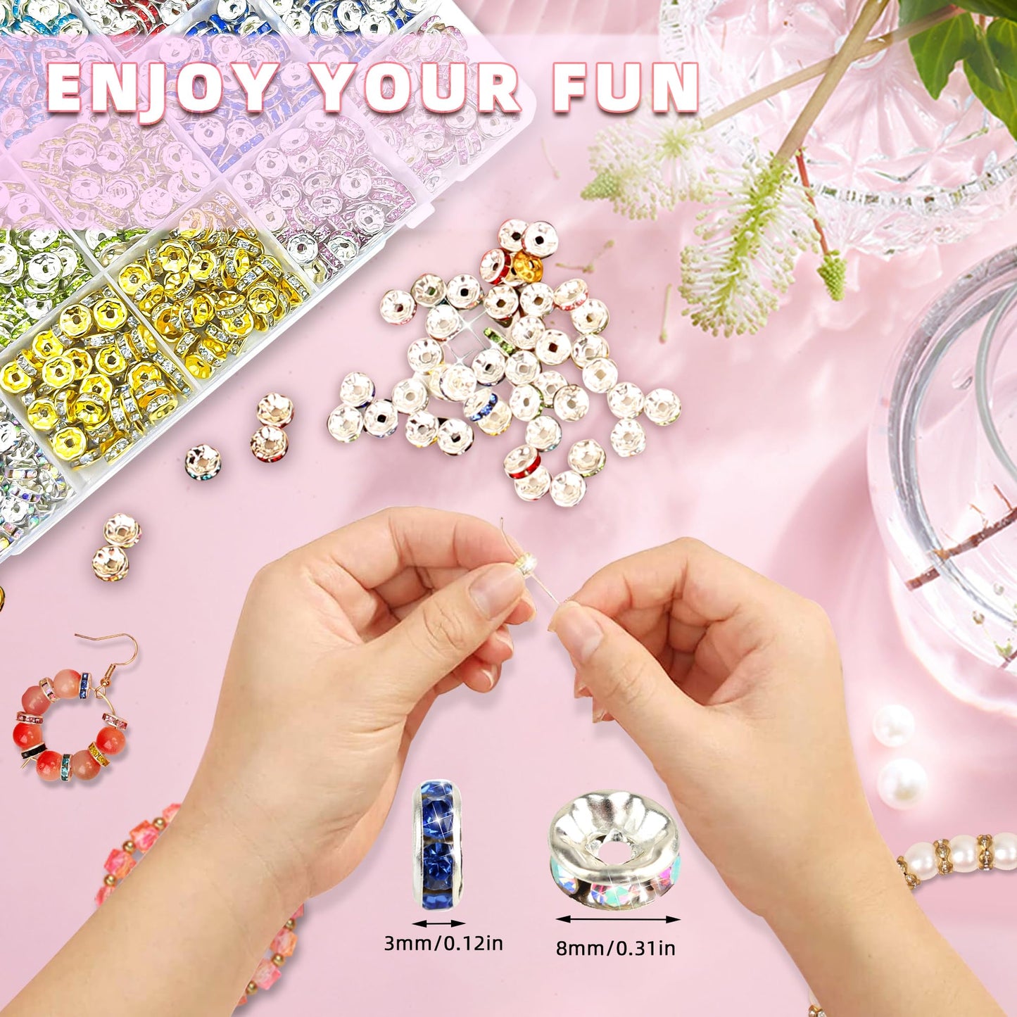 1080PCS 8MM Rondelle Spacer Beads for Jewelry Making,Crystal Bead Spacer for Jewelry Making Necklaces, Bracelet Pendants, 9 Colors