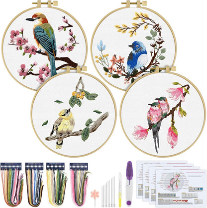 4 Sets Embroidery Kit for Beginners,Hummingbird and Flower Cross Stitch Set for Include Embroidery Cloth Hoops Threads for Craft Lover Hand Stitch (Flowers and Birds)