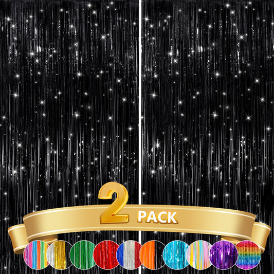 2 Pack Black Metallic Tinsel Foil Fringe Curtains, Door Streamers Photo Booth Backdrop for Birthday Party, Tinsel Curtain Backdrop for Baby Shower Bachelorette Christmas Party Decorations