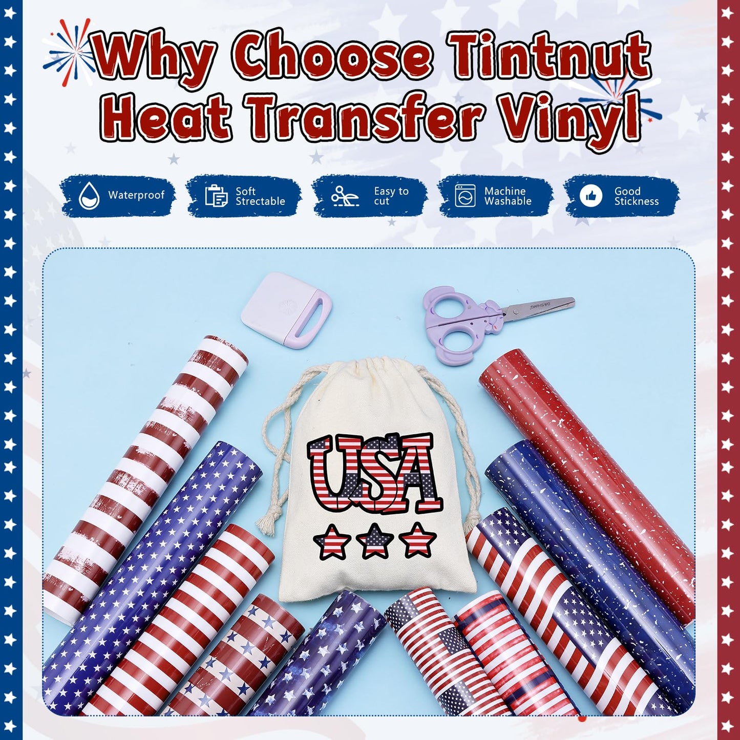 American Flag Heat Transfer Vinyl - 10 Sheets 10x12 Inch Patriotic Navy Blue White Stars Independence Day Iron On Vinyl for Cricut & Silhouette Cameo