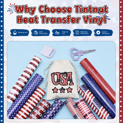 American Flag Heat Transfer Vinyl - 10 Sheets 10x12 Inch Patriotic Navy Blue White Stars Independence Day Iron On Vinyl for Cricut & Silhouette Cameo