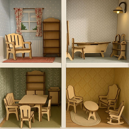 DIY Wooden Dollhouse Furniture Set, 3D Puzzle Miniature Room Accessories, Natural Wood