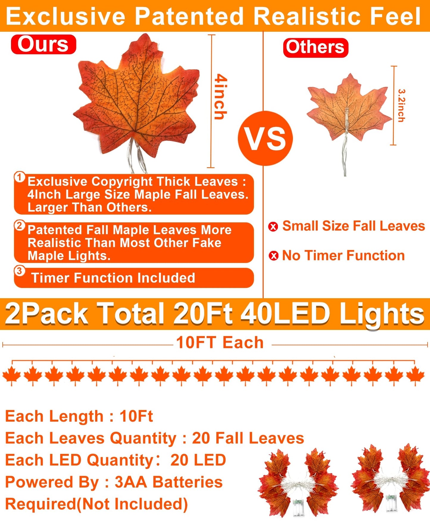 2 Pack Fall Decor Enlarged Maples Leafed Fall Decorations for Home Fall Lights Thick Leafs Garlands, Total 20Ft 40LED Battery Operated Waterproof Thanksgiving Halloween Decor Indoor Outdoor