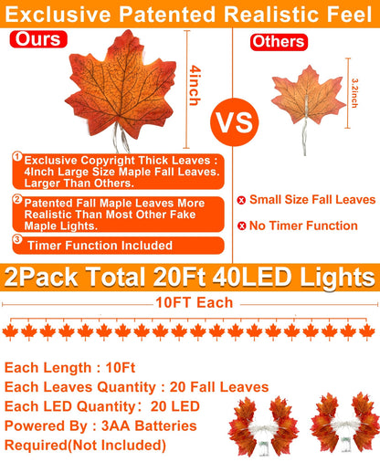 2 Pack Fall Decor Enlarged Maples Leafed Fall Decorations for Home Fall Lights Thick Leafs Garlands, Total 20Ft 40LED Battery Operated Waterproof Thanksgiving Halloween Decor Indoor Outdoor