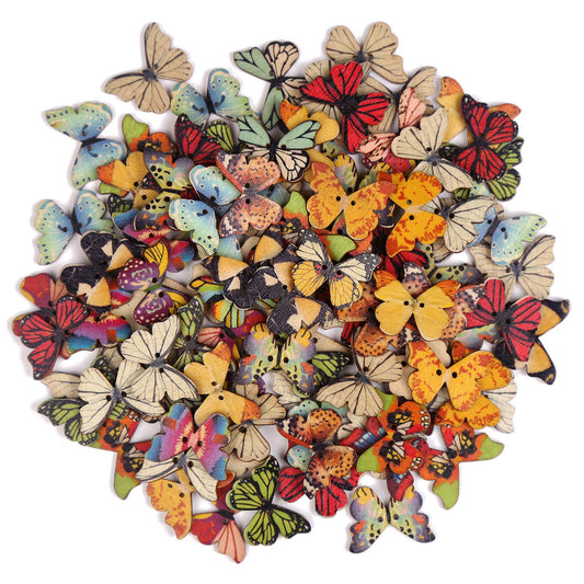 100 PCS Butterfly Wooden Buttons,1 Inch Colorful 2 Holes Mixed Decorative Buttons for DIY Sewing&Wood Craft Clothes Accessories
