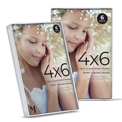 Front Loading White 4x6 Picture Frame - 4 x 6 Frame For Tabletop or Wall Decor - 4 by 6 White Picture Frames- 6 PACK