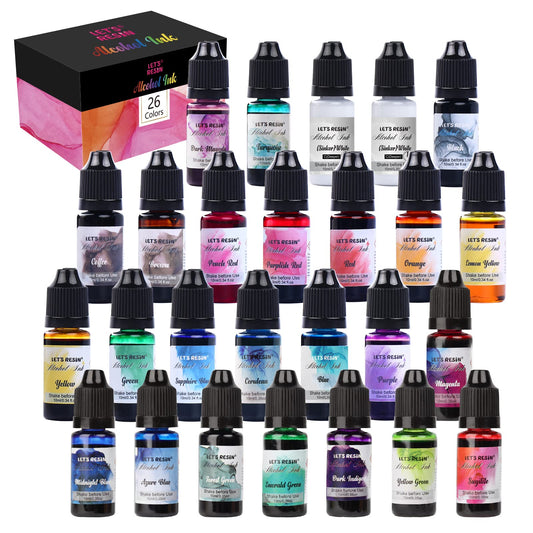 Alcohol Ink for Epoxy Resin LET'S RESIN Concentrated Alcohol Ink Set, 26 Vibrant Colors Alcohol-Based Resin Ink,Alcohol Paint Resin Dye for Resin Art, Tumblers, Resin Epoxy(Each 0.35oz)