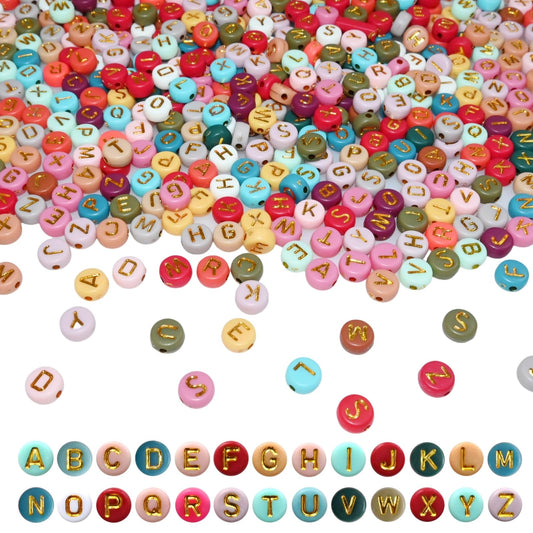 1000pcs 4x7mm Round Letter Beads Colorful Acrylic with Gold Letter Alphabet for Jewelry Making