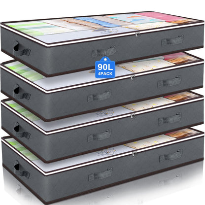 90L Under Bed Storage Containers, Closet Organizers and Storage Bins, Foldable Underbed Storage Bags for Blanket, Clothing, Comforter, Sweaters, Pillows, Linen Sheets, Wrapping Paper, Grey