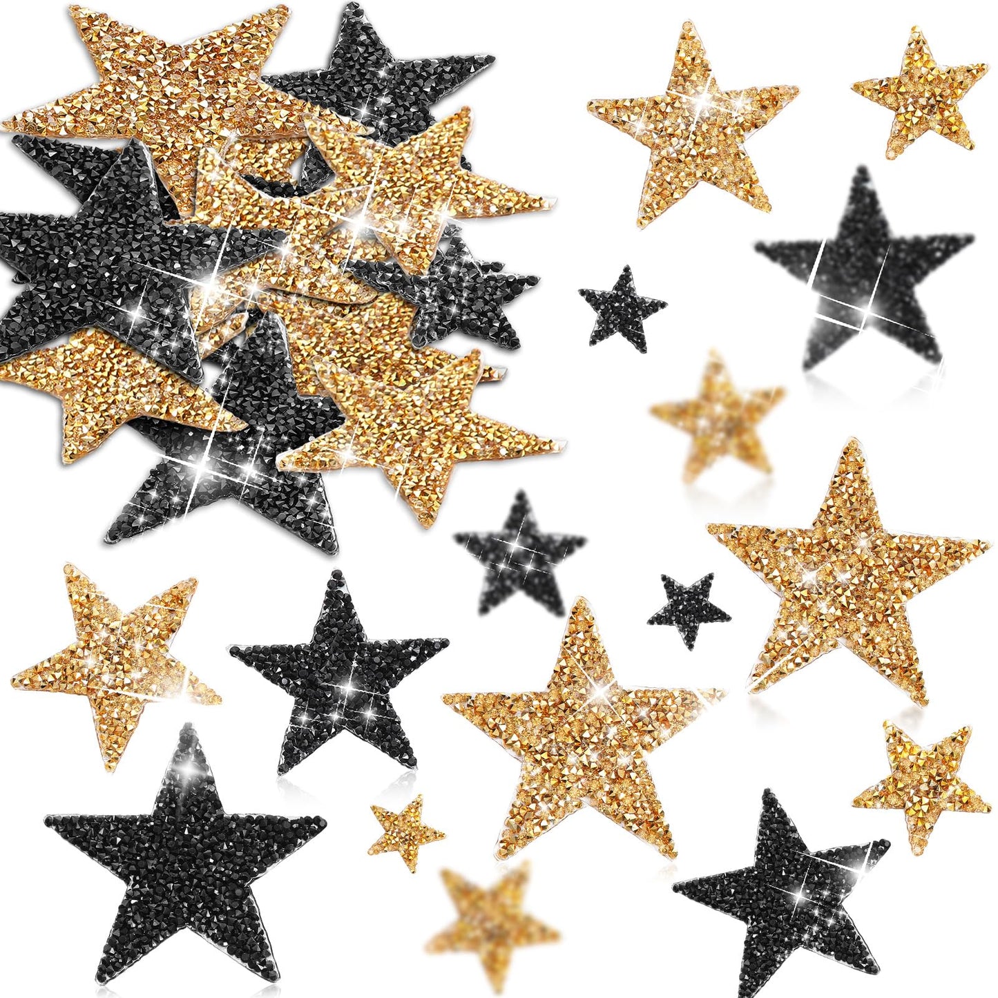 60 Pcs Iron on Star Patches Star Shaped Rhinestone Appliques Adhesive Glitter Patches Rhinestone Appliques Embellishments for DIY(Black Gold)