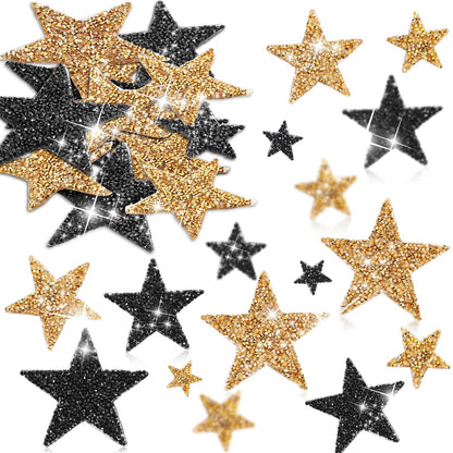60 Pcs Iron on Star Patches Star Shaped Rhinestone Appliques Adhesive Glitter Patches Rhinestone Appliques Embellishments for DIY(Black Gold)