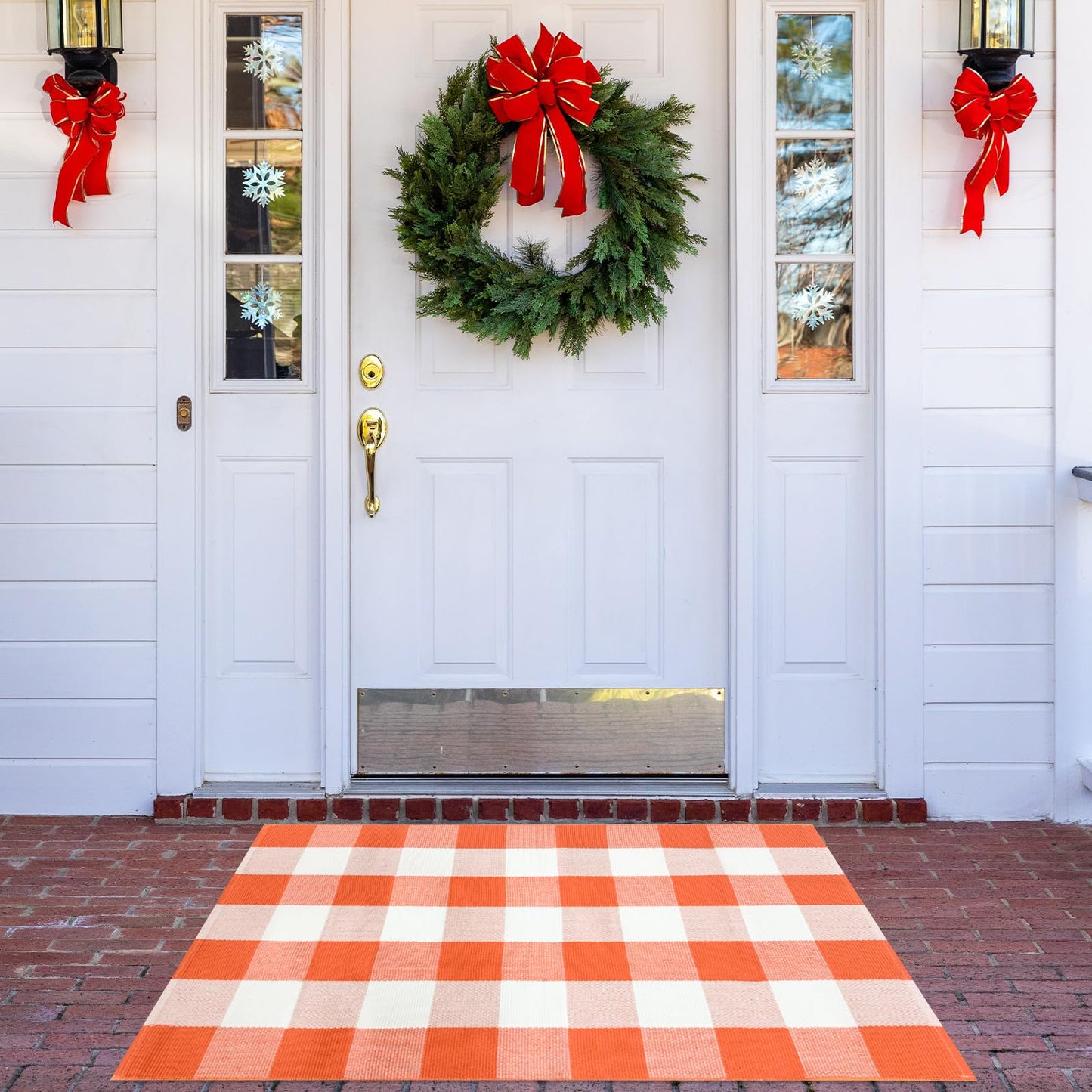 Buffalo Plaid Check Rug Orange and White Cotton Rug 27.5"x43.3" Machine Washable Outdoor Rugs Layered Doormats for Porch Kitchen Farmhouse