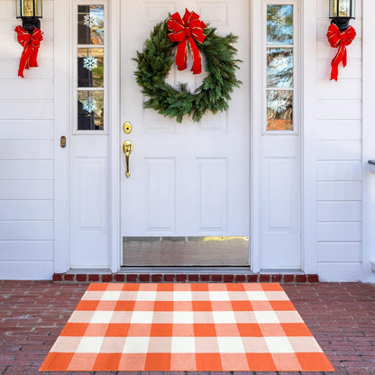Buffalo Plaid Check Rug Orange and White Cotton Rug 27.5"x43.3" Machine Washable Outdoor Rugs Layered Doormats for Porch Kitchen Farmhouse
